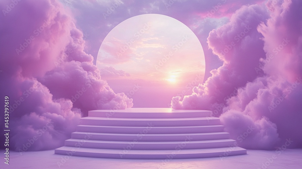Poster a tranquil landscape features a stunning sunset with soft pink clouds surrounding a glowing circular