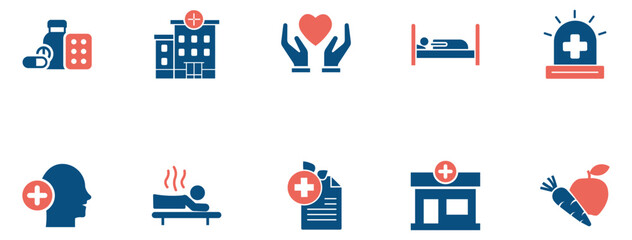 Medical and Healthcare Icon Set  Hospital, Wellness, Emergency, Therapy, Nutrition, Pharmacy, and Mental Health Symbols Vector Illustration