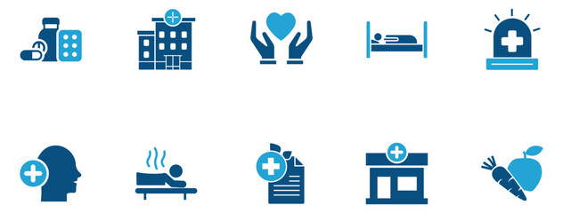 Medical and Healthcare Icons Set  Hospital, Wellness, Nutrition, Emergency, Therapy, and Health Services Vector Symbols for Web and Print