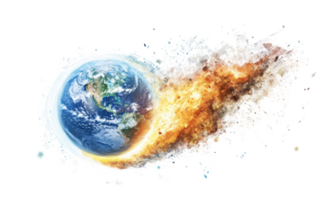 Earth in a cosmic collision with fire and smoke.