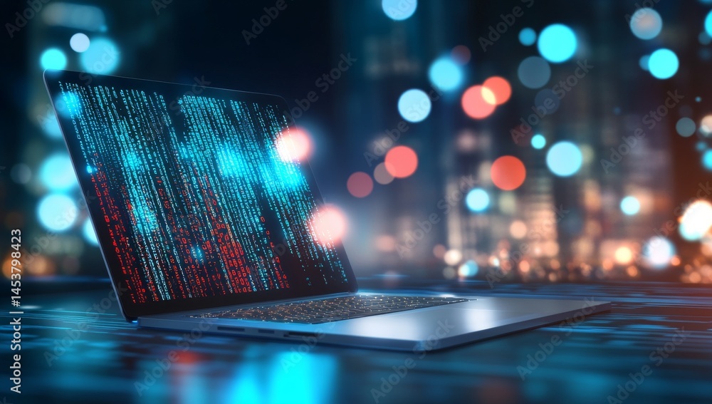 Poster laptop surrounded by blue data and binary code on dark gray background
