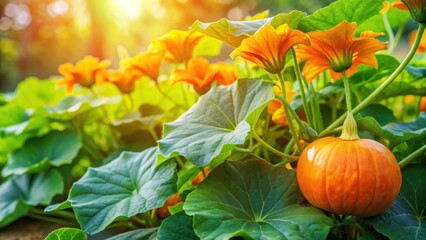 Obraz premium A pumpkin plant in full bloom with vibrant orange flowers and lush green leaves , flowers, harvest, flowers