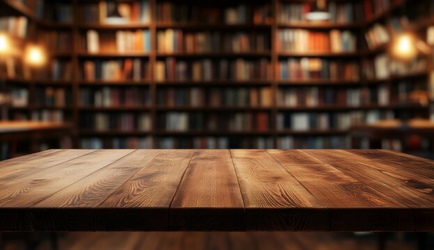 Wooden table in a library setting.  Bookshelves in the background are filled with various books