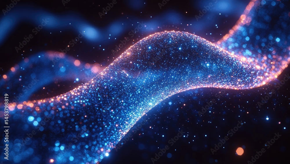 Poster abstract swirling design of glowing particles in deep space.