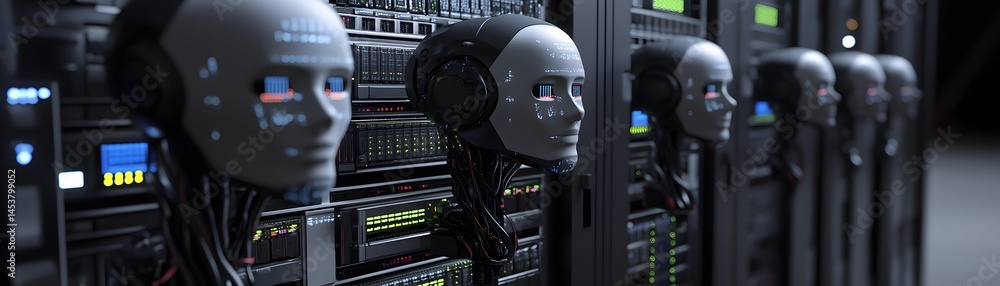 Poster row of robotic heads in a server room.