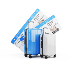 Air plane tickets and suitcases, pair of plane boarding pass and pair of suitcase. Travel or tourism concept