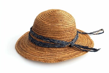 A straw hat with a blue ribbon tied around it.  , isolated on white background.