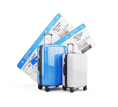 Air plane tickets and suitcases, pair of plane boarding pass and pair of suitcase. Travel or tourism concept - Powered by Adobe