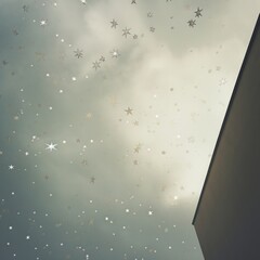 Ethereal starry sky blending with daylight near the edge of a building creating a surreal scene full of dreamy, whimsical charm and celestial allure.