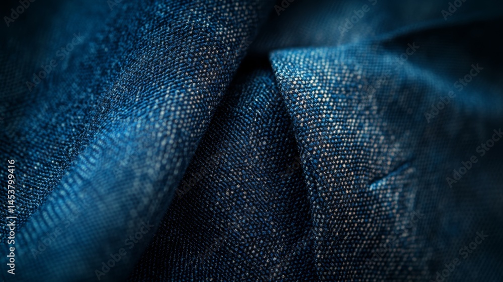 Poster a close-up view of a woven blue textile material, with visible thread count and weave pattern. this 