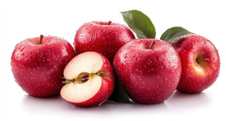 Fresh red apples with droplets of water arranged artistically on a white background showcasing their vibrant color and shiny texture