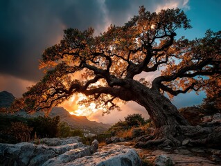 Ancient, sprawling tree silhouetted against a vibrant sunset and mountainous landscape. Dramatic lighting and rugged terrain create a captivating scene