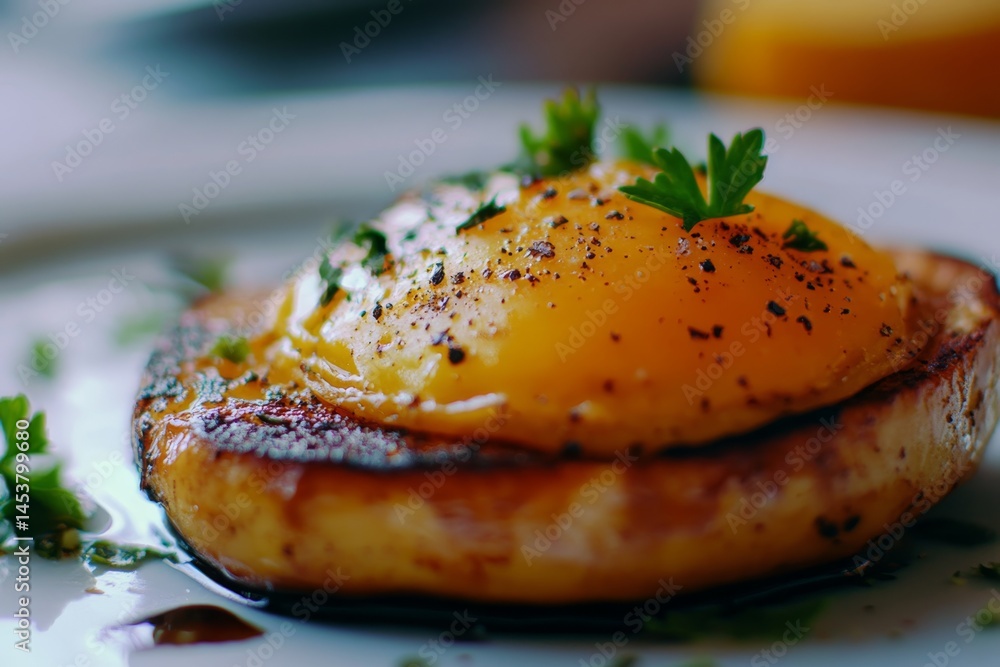 Poster a fried egg with parsley on top of a white plate. the egg is cooked and has a crispy texture. the pa