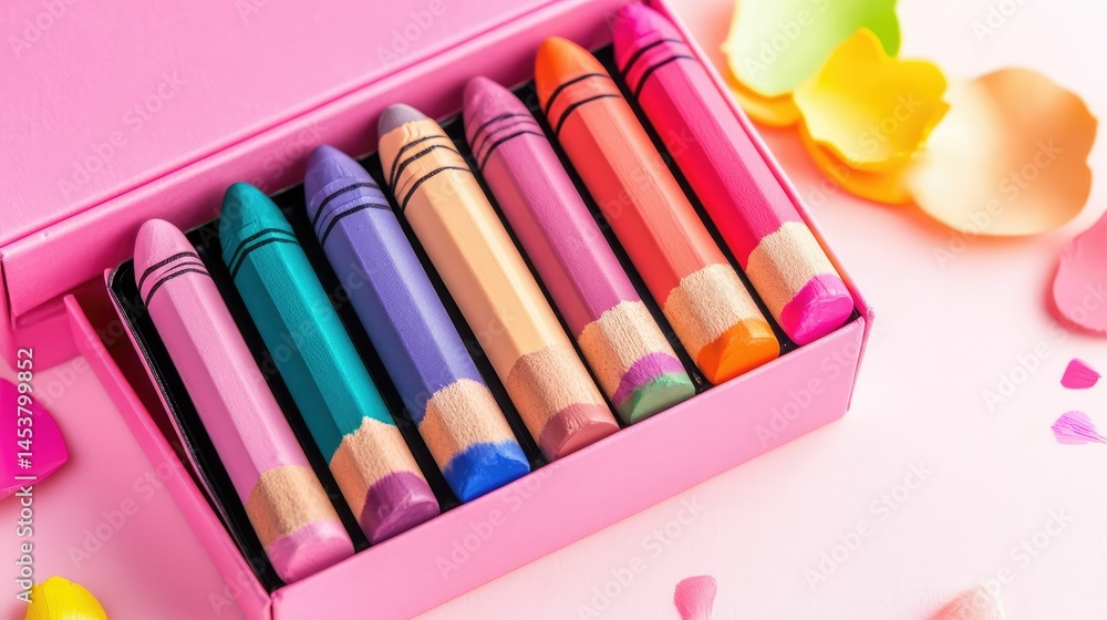 Poster neatly organized pastel crayons displayed in an open box on a soft background with space for inspira