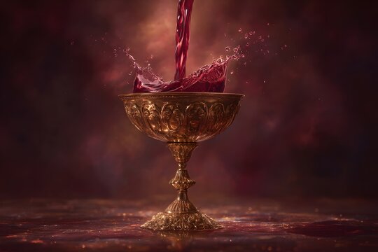 Vibrant red liquid splashes into ornate golden chalice against a rich, moody backdrop - Powered by Adobe
