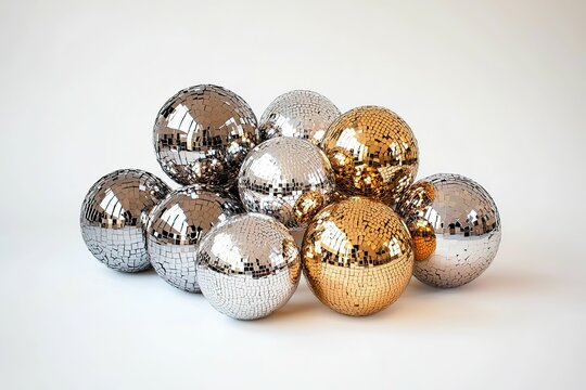 A bunch of shiny, colorful disco balls are piled on top of each other.  , isolated on white background.