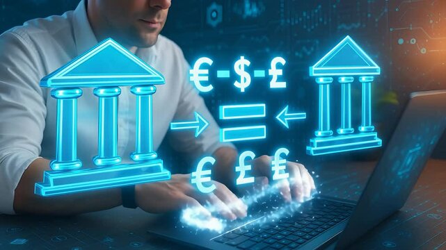 International Currency Exchange and Digital Banking Transfer Interface with Euro Dollar Pound Symbols and Bank Icons
 - Powered by Adobe