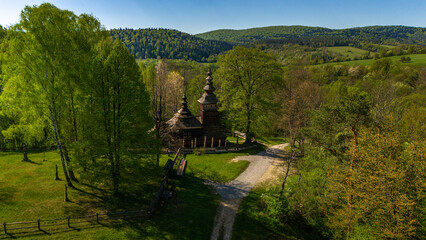 Aerial drone view of Orthodox church of Saint Cosmas and Saint Damian in Kotan, Poland.