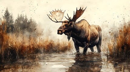 Realistic watercolor moose art nature themed high resolution image