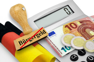 Deutscher Stempel und Bürgergeld in Deutschland mit Rechner, Flagge und Euro