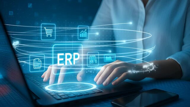 User Operating ERP System on Laptop with Digital Business Management Icons and Enterprise Automation Interface

