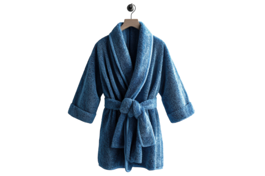 Luxurious blue bathrobe hanging on a wooden hanger against a black background Soft plush on transparent background