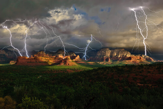 Thunderstorm with forked Lightning over Red Rock-Secret Mountain Wilderness, Sedona, Arizona, USA