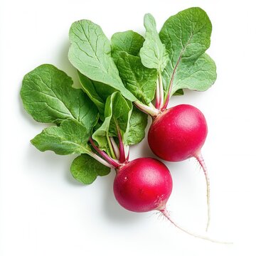 Fresh radishes with green leaves arranged neatly against a white background showcasing their vibrant color and healthy appearance
