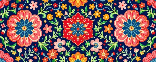 Seamless vector block print ajrakh pattern in vibrant floral motifs, wallpaper, artistic