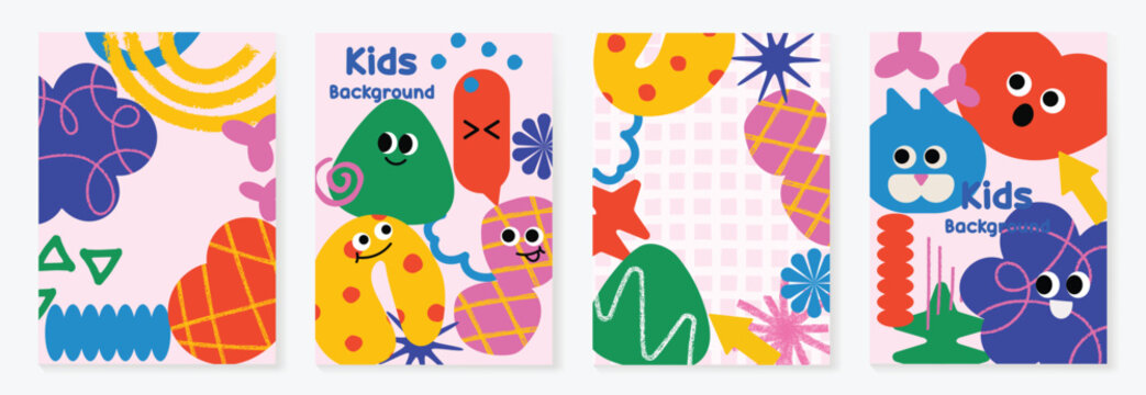 Fototapeta Kids and children cover design vector. Fun Childish hand drawn doodle design background. Playful poster  design for packaging, wallpaper and print.