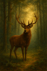 Deer in Forest Painting, Oil Painting, Poster
