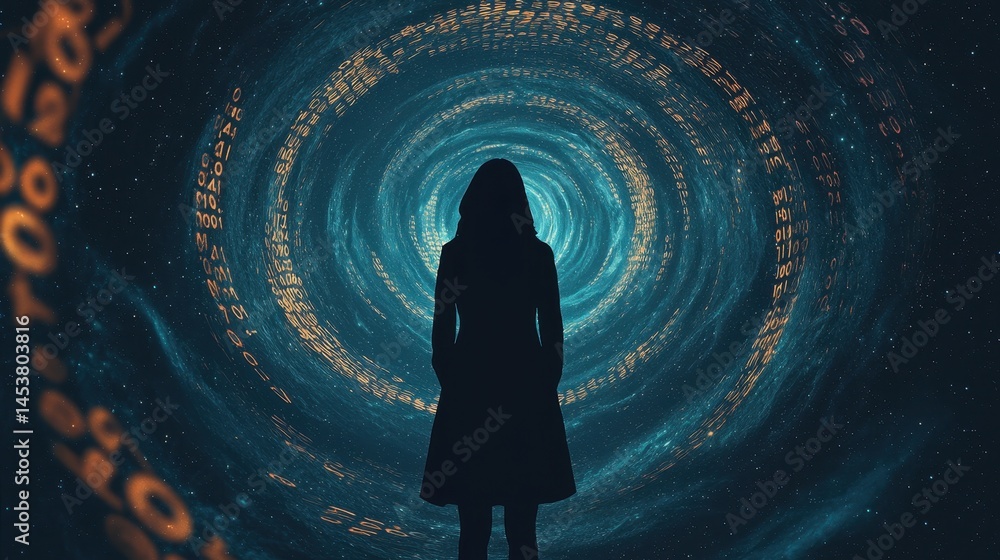Poster mysterious figure in silhouette exploring digital universe, swirling data streams in cyberspace, fut