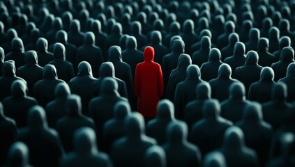 Obraz premium Lone Red Figure Standing Out in Crowd