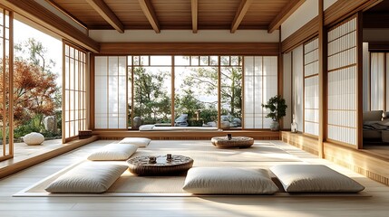 Shoji screen architecture in tranquil tea room high resolution images