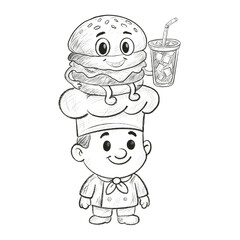 Cute food character set – burger with soda standing on chef head, funny sketch combo