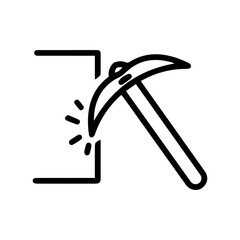 Pickaxe (outline style). A pickaxe strikes a surface, symbolizing mining, construction, or breaking ground. Represents a tool used for digging, excavation, or breaking hard materials