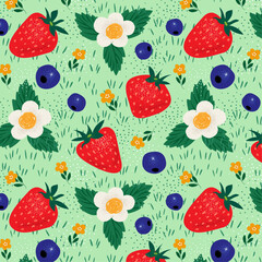 strawberry seamless pattern, summer cover, ornament, grainy textured, food,  hand drawn elements, decoration for textile, fabric, wallpaper, wrapping paper, clothing, packaging, vector