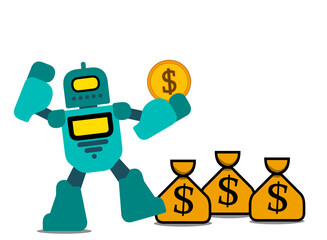 Fototapeta premium Teal robot cartoon character vector design holding dollar symbol coin money illustrating about smart investment and Financial Gain or Automated Wealth Management