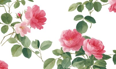 Fototapeta premium Pink roses growing from the ground, green leaves, white background, vintage wallpaper pattern, Generative AI