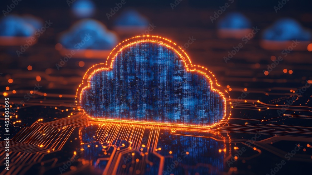 Poster glowing cloud symbol over circuit board background representing cloud computing and digital technolo
