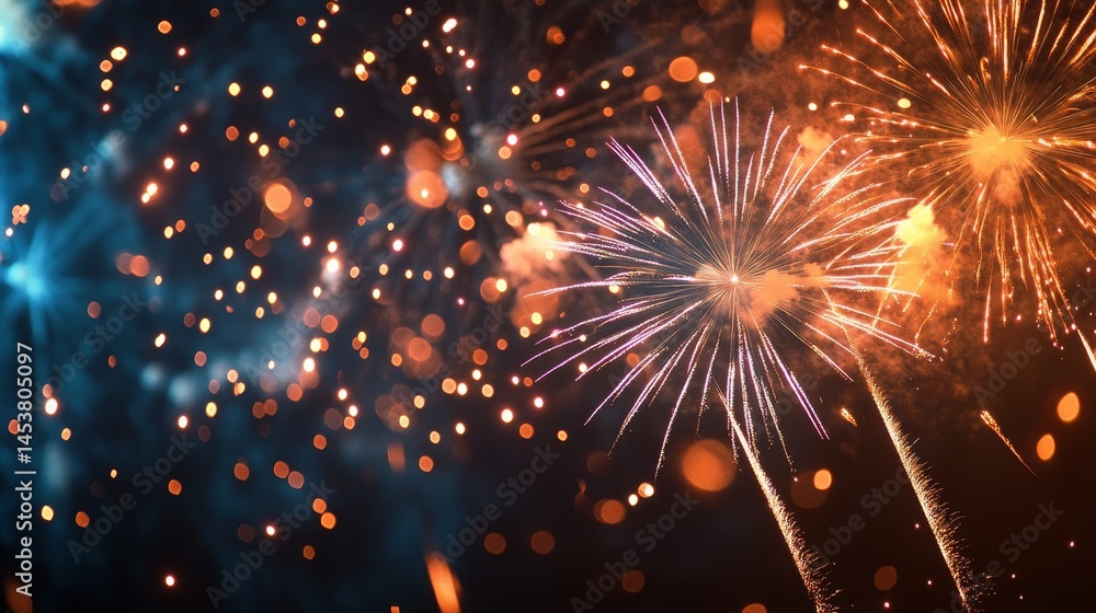 Poster a display of fireworks exploding in various colors against a dark background, creating a bright and 