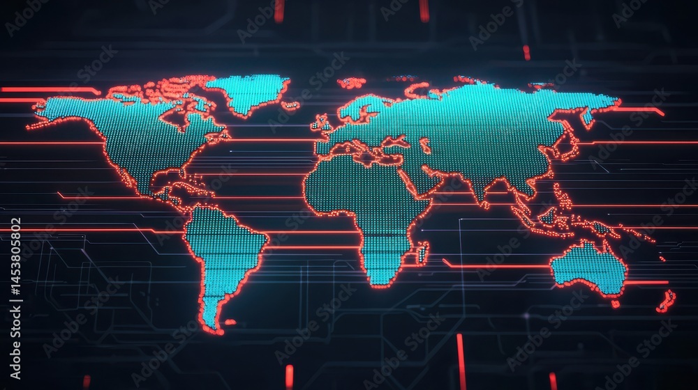 Poster digital world map with neon outline and circuit pattern for technology and global communications con