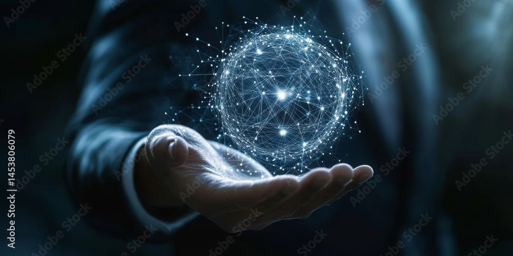 Poster a human hand reaching for a stylized globe with glowing nodes connected by lines of light, symbolizi