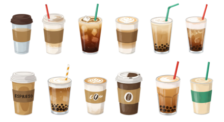 Coffee Drinks Collection of Takeout Cups with Lids and Straws on Transparent Background.