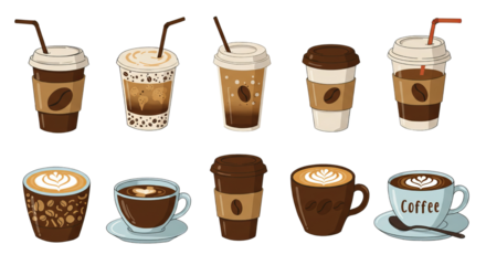 Coffee Mugs of Hot Beverages with Transparent Background.