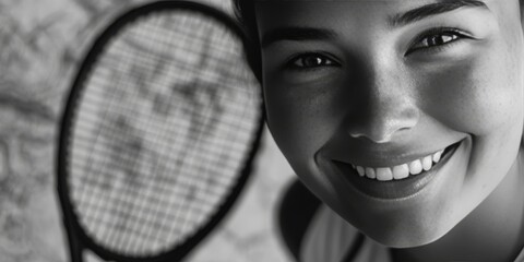 A happy female tennis player smiling at the camera while holding her racket. She is outdoors and appears to be enjoying the sport.