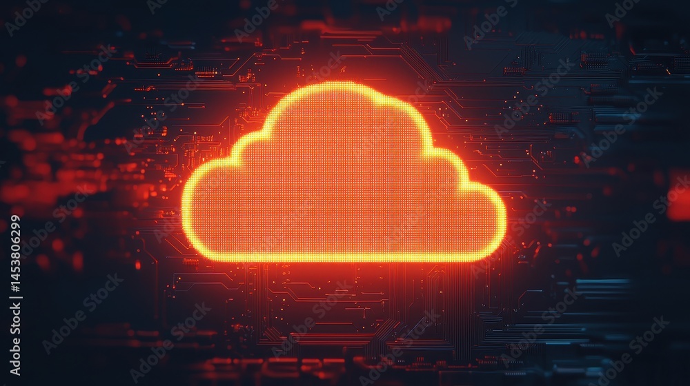 Poster digital cloud symbol glowing in red against a dark background with abstract technology circuits and 