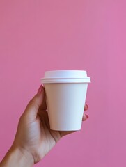 This image features a person's hand holding a paper cup of coffee, where the thumb is inserted through the loop. The background is a solid color and the focus is on the act of holding the beverage.
