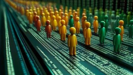 Digital representation of online community with colorful figures standing on binary code