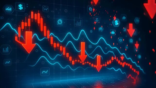 Stock Market Crash and Economic Decline Concept with Red Down Arrows and Falling Financial Data Chart

